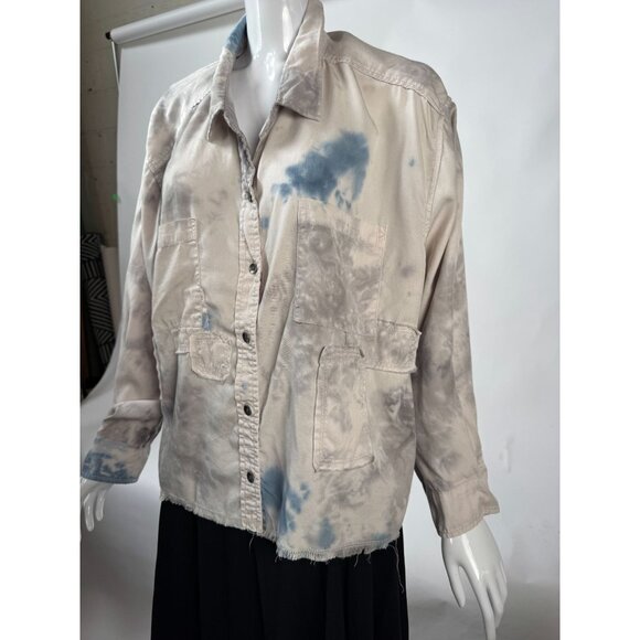 Vintage Havana Tie-Dye Tencel Button-Up Shirt Jacket With Pockets & Frayed Hem L - Picture 2 of 16